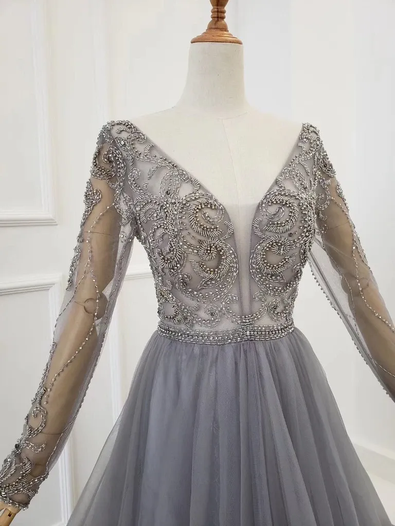 A Line Long Sleeves V Neck Grey Beading Prom Dresses PFP1764