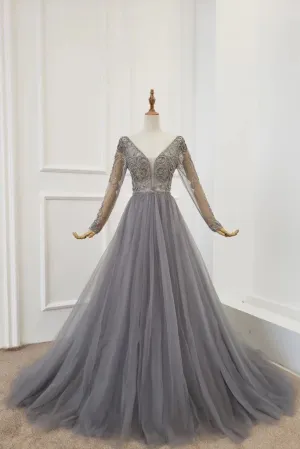 A Line Long Sleeves V Neck Grey Beading Prom Dresses PFP1764