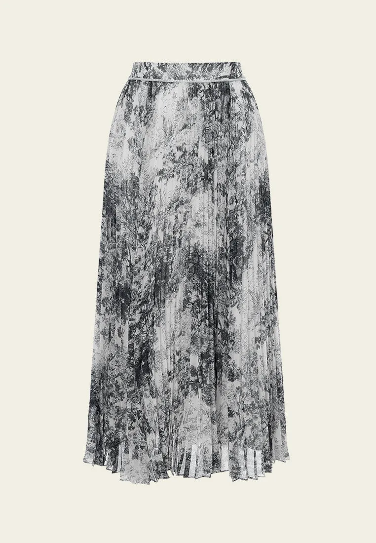 Black-and-shite Motif Chiffon Pleated Skirt