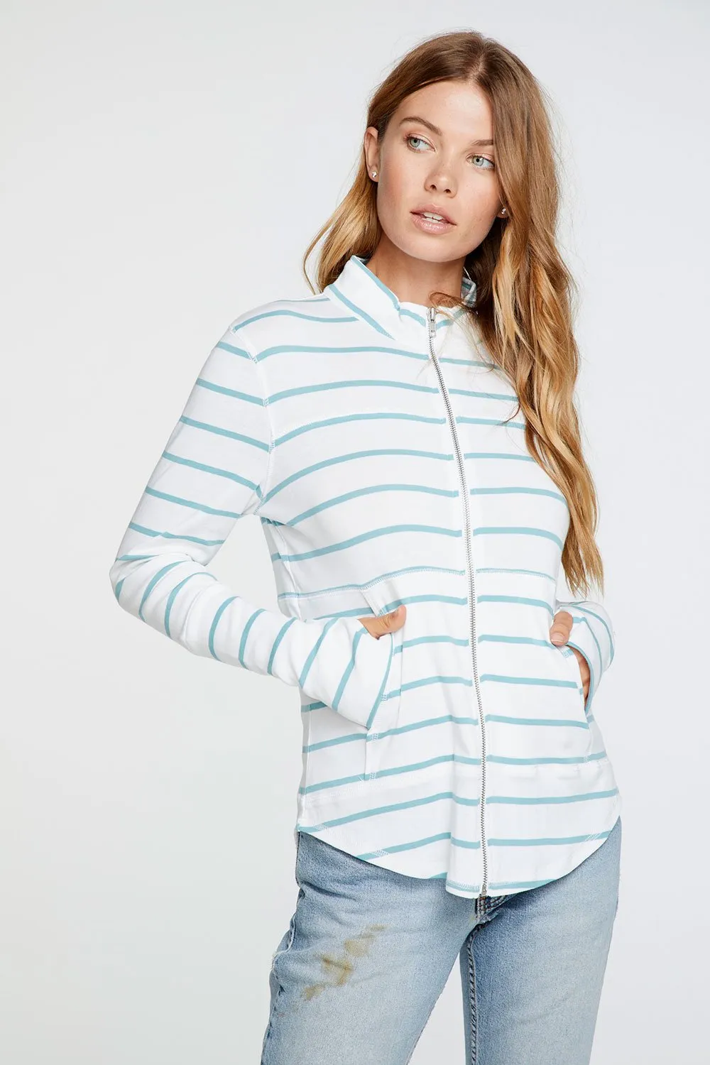 Chaser - Baby Rib Mock Neck Long Sleeve Thumbhole Jacket in Stripe