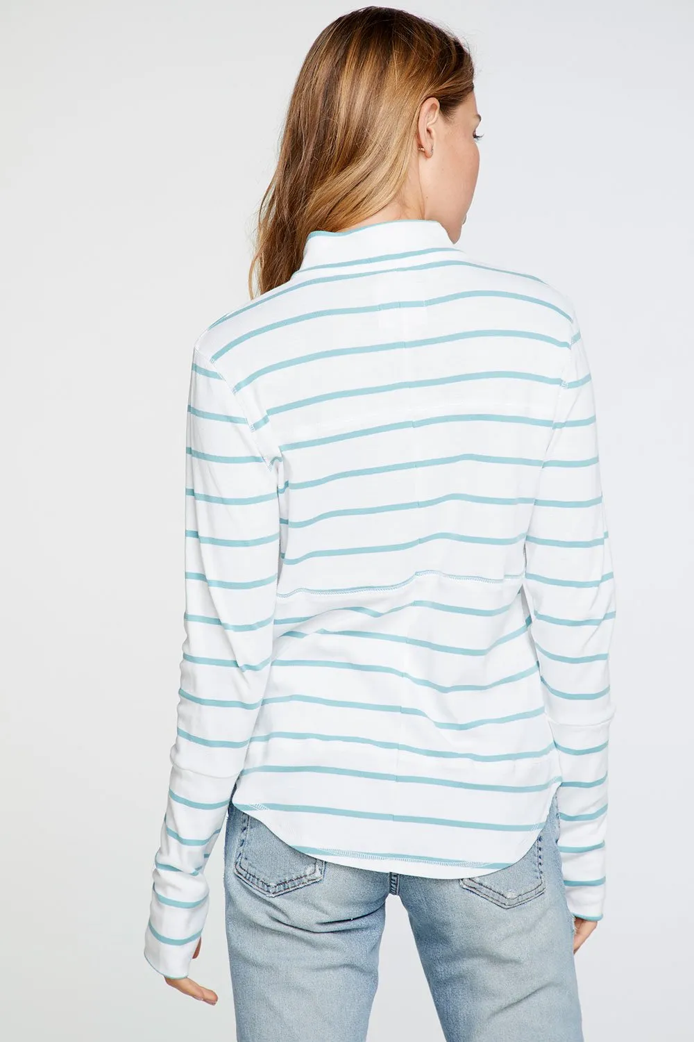Chaser - Baby Rib Mock Neck Long Sleeve Thumbhole Jacket in Stripe
