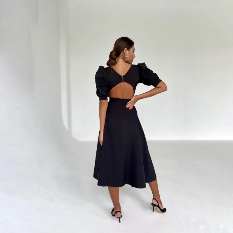 Classy Summer Fashion Puff Sleeve Backless Midi Dresses