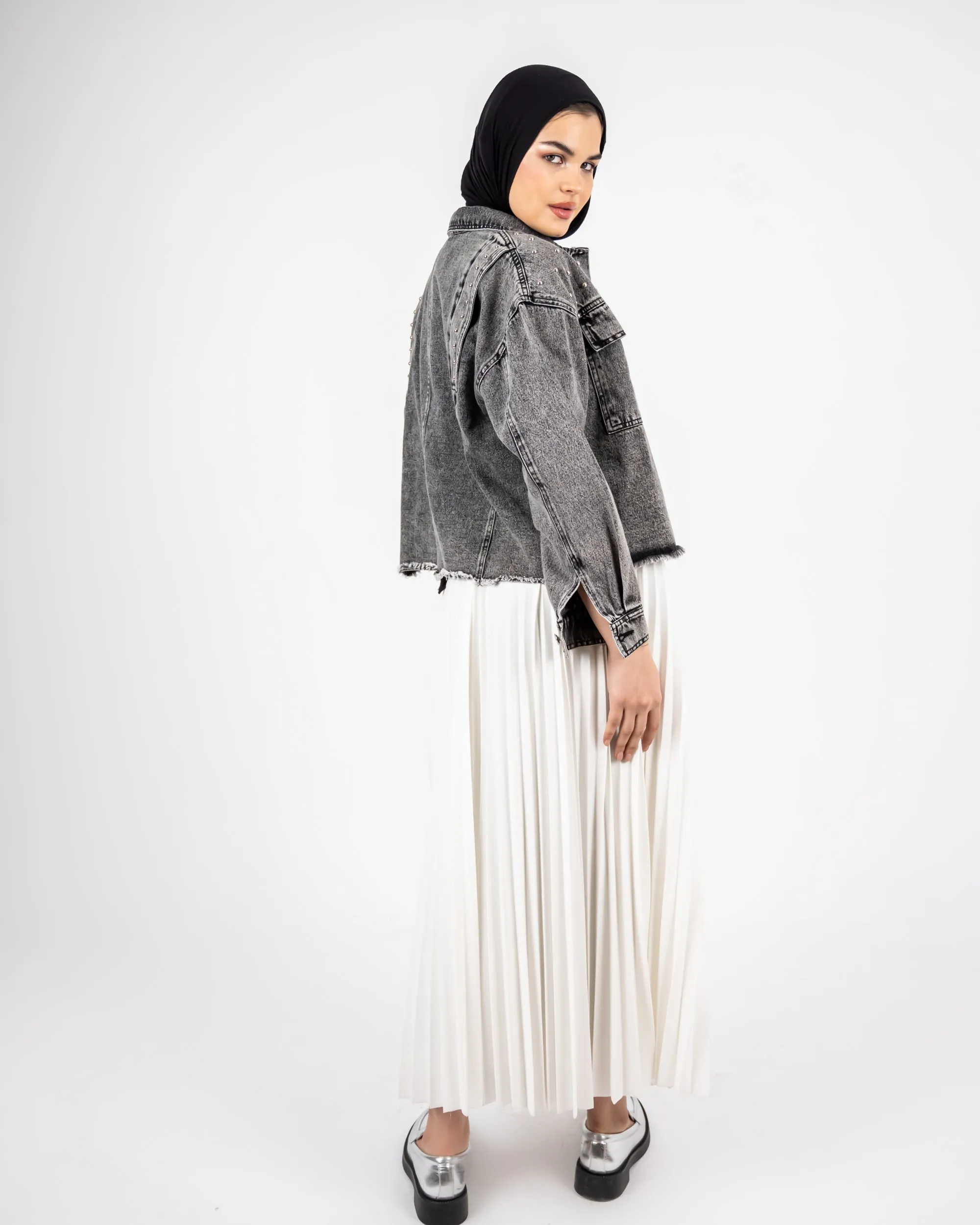 CROPPED DENIM JACKET -DARK GRAY