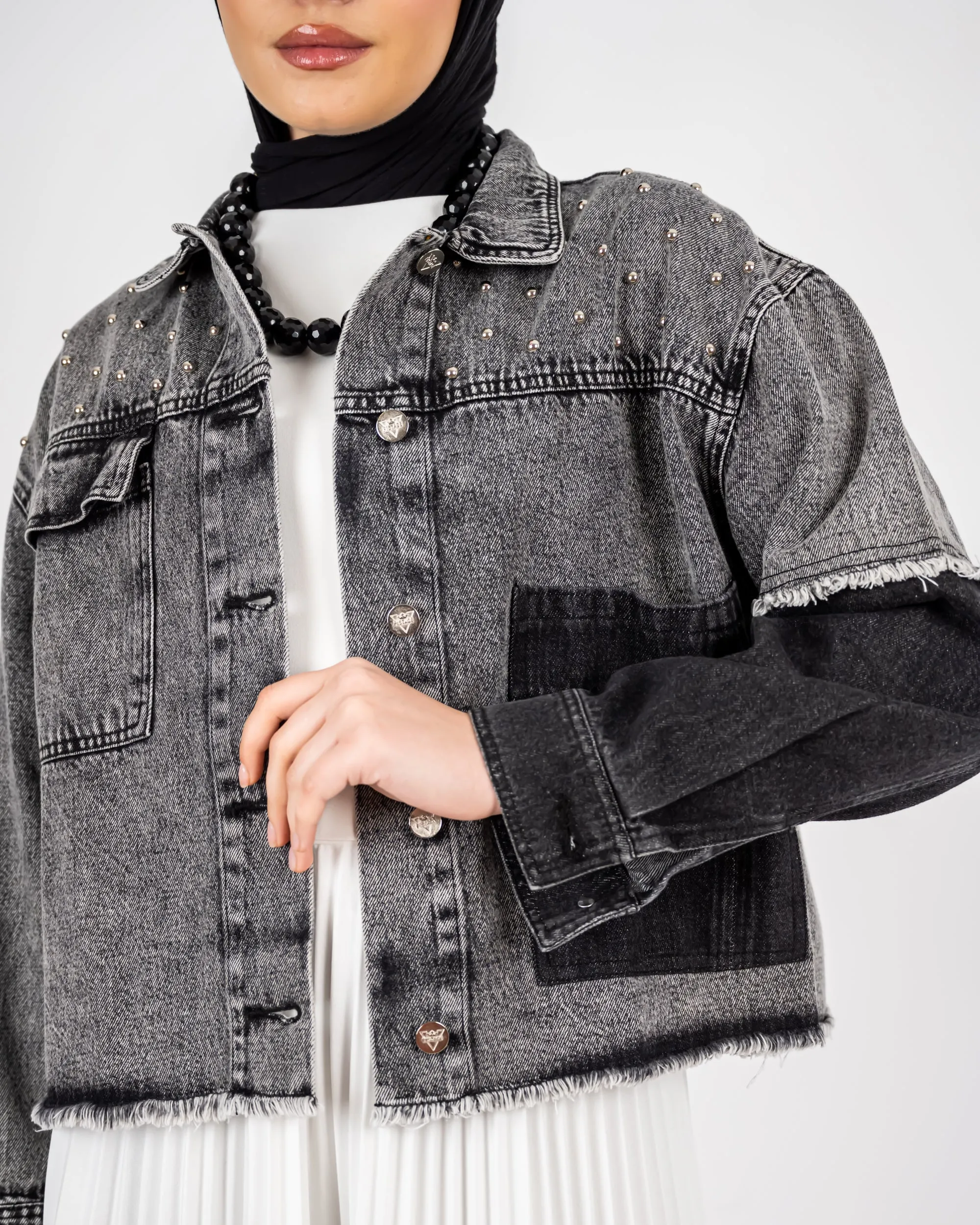 CROPPED DENIM JACKET -DARK GRAY
