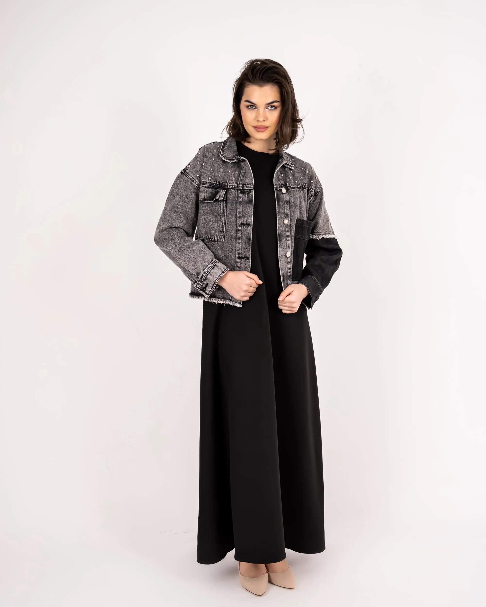 CROPPED DENIM JACKET -DARK GRAY