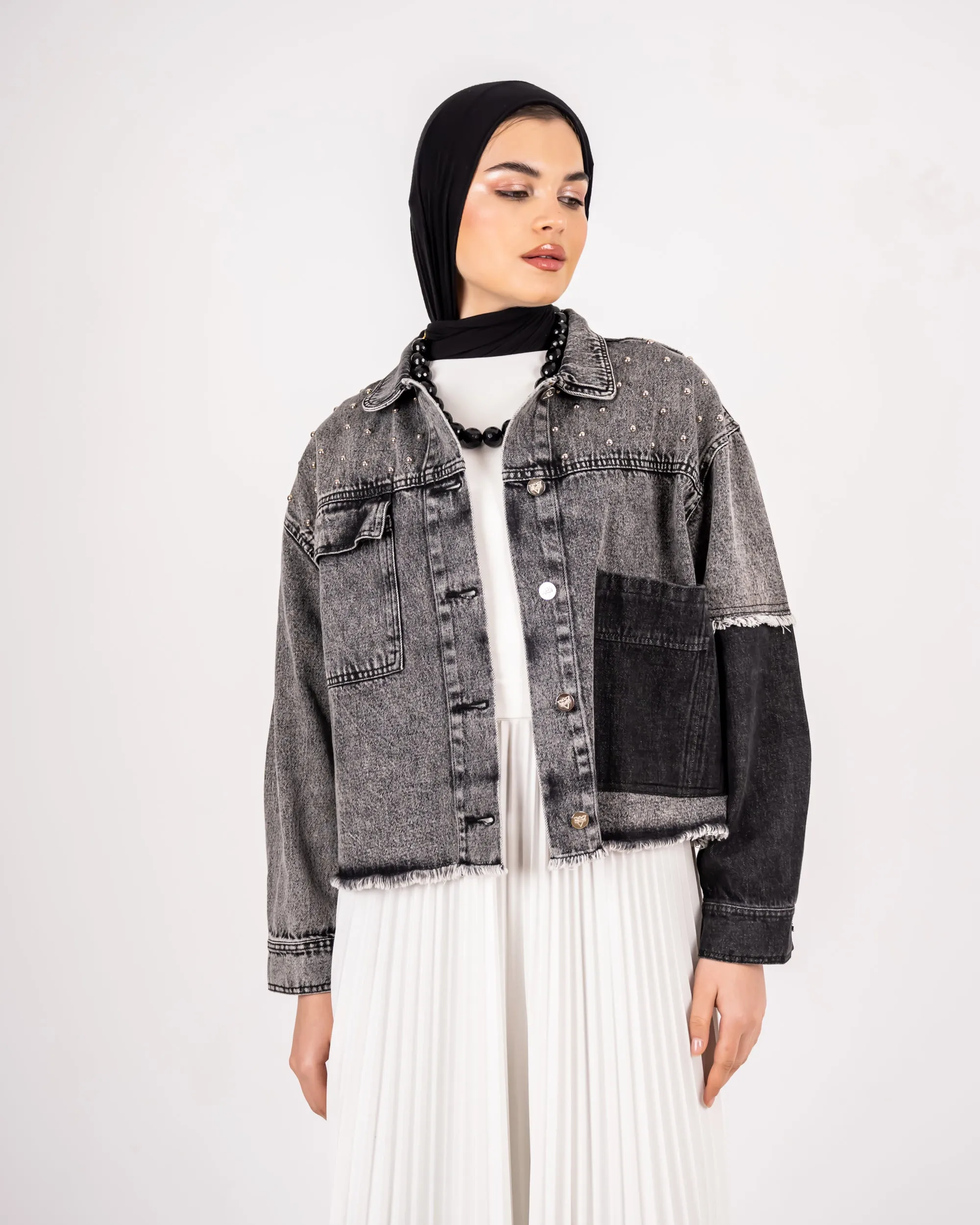 CROPPED DENIM JACKET -DARK GRAY