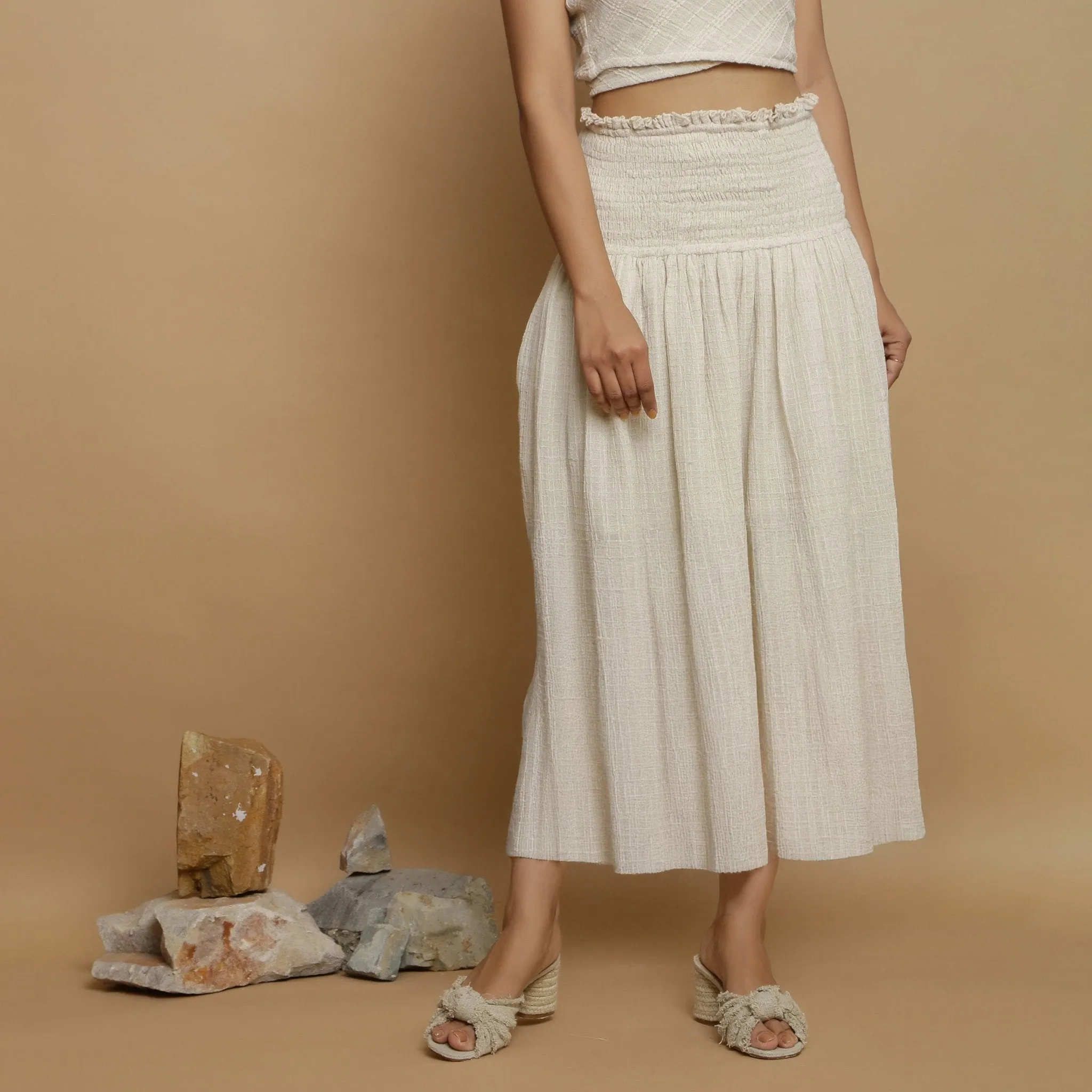 Ecru Undyed Crinkled Cotton Flax Frilled Maxi Skirt