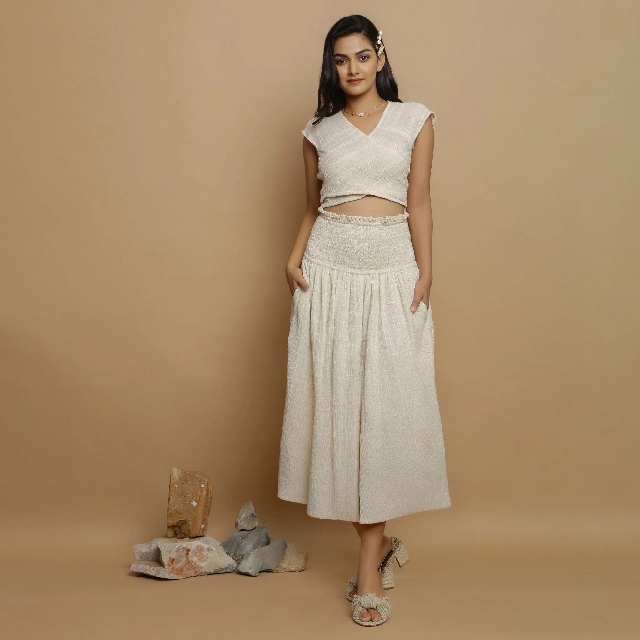 Ecru Undyed Crinkled Cotton Flax Frilled Maxi Skirt