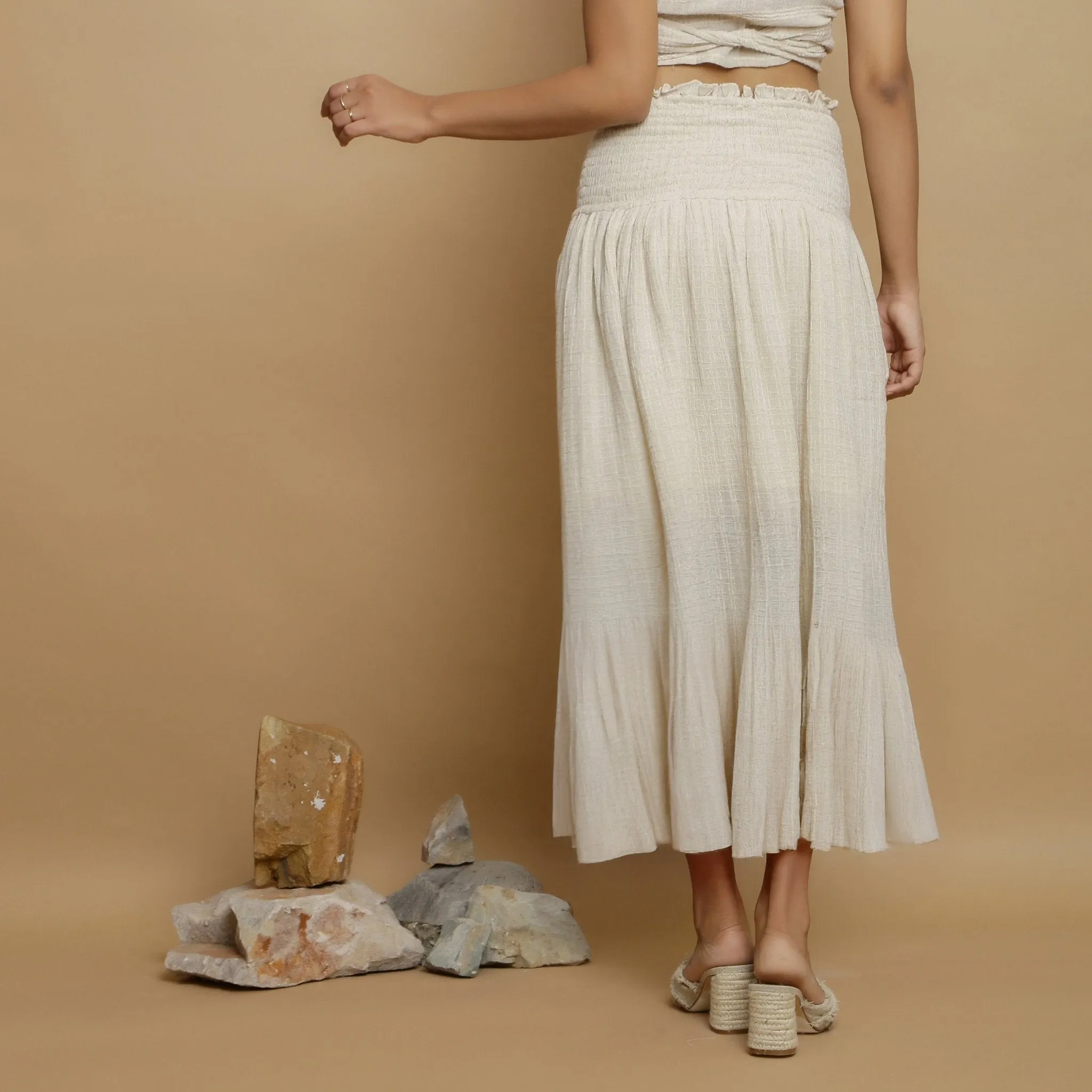 Ecru Undyed Crinkled Cotton Flax Frilled Maxi Skirt