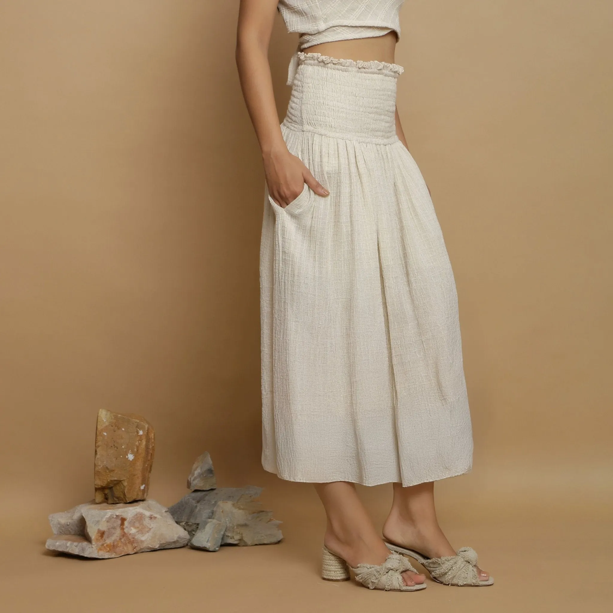 Ecru Undyed Crinkled Cotton Flax Frilled Maxi Skirt