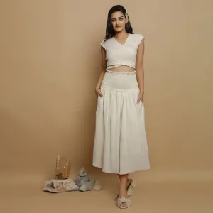 Ecru Undyed Crinkled Cotton Flax Frilled Maxi Skirt