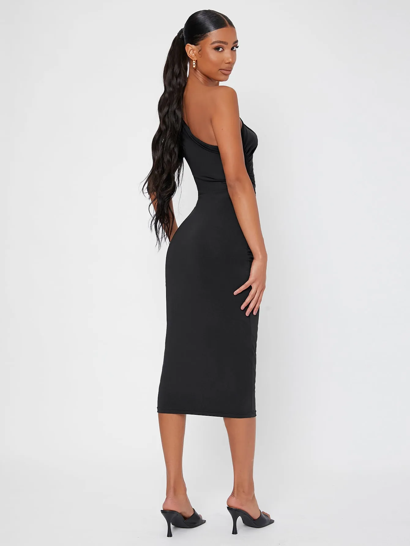 Elegant Plain Zipper Three Quarter Length Sleeve One Shoulder Pencil Natural Midi Dress