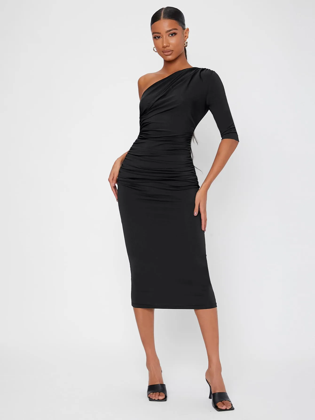 Elegant Plain Zipper Three Quarter Length Sleeve One Shoulder Pencil Natural Midi Dress