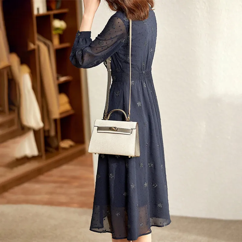 Elegant Vintage A-line Midi Long Sleeve Dress for Women