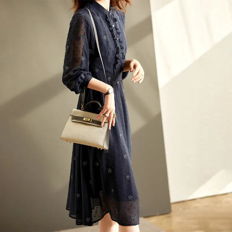 Elegant Vintage A-line Midi Long Sleeve Dress for Women
