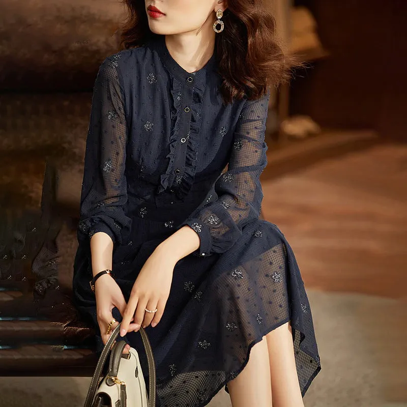 Elegant Vintage A-line Midi Long Sleeve Dress for Women
