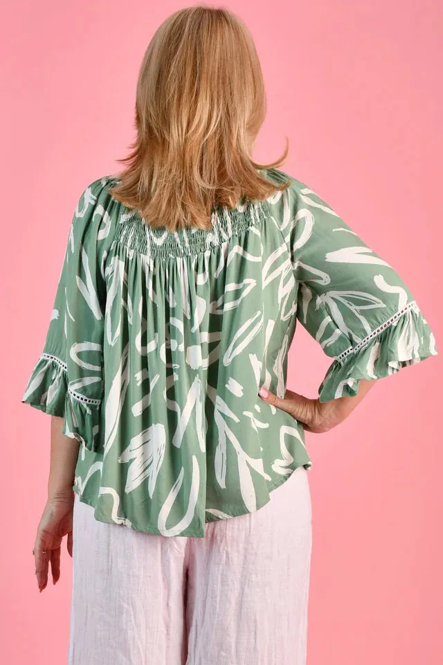 Go Girl Rouched Bell Sleeve Top Picasso's Garden Black White One Size