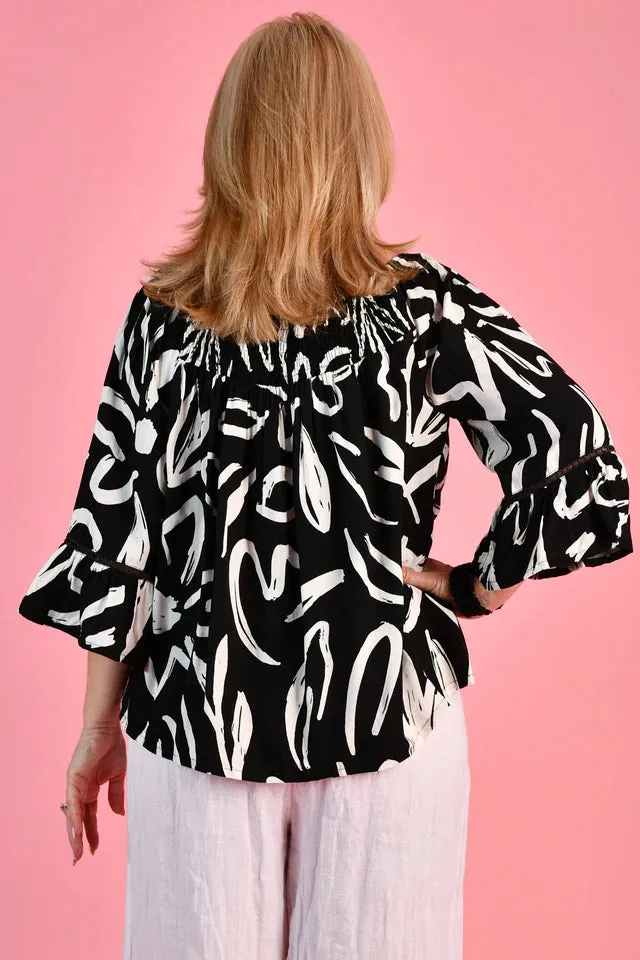 Go Girl Rouched Bell Sleeve Top Picasso's Garden Black White One Size