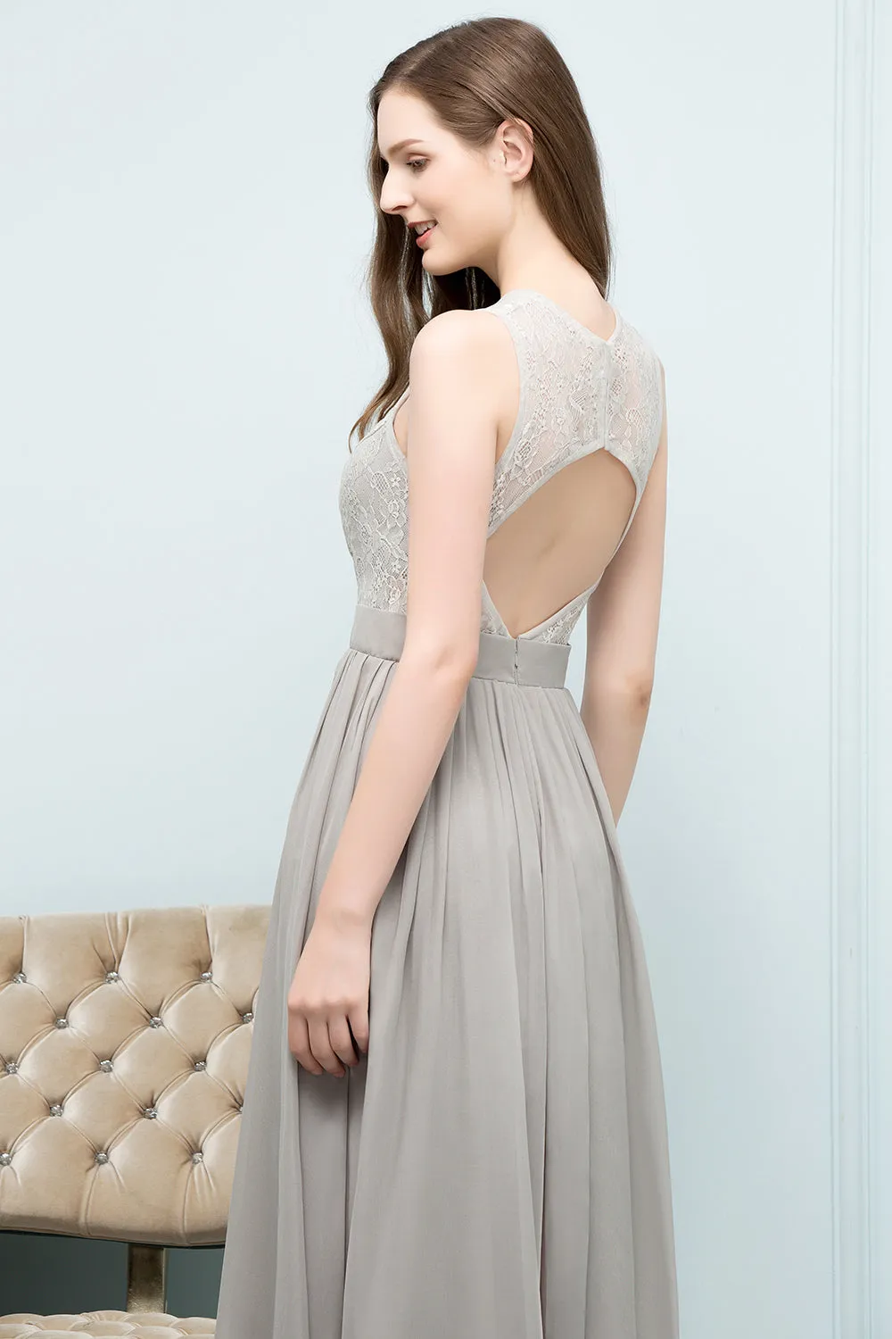 Long A-line Chiffon Lace Jewel Sleeveless Bridesmaid Dresses