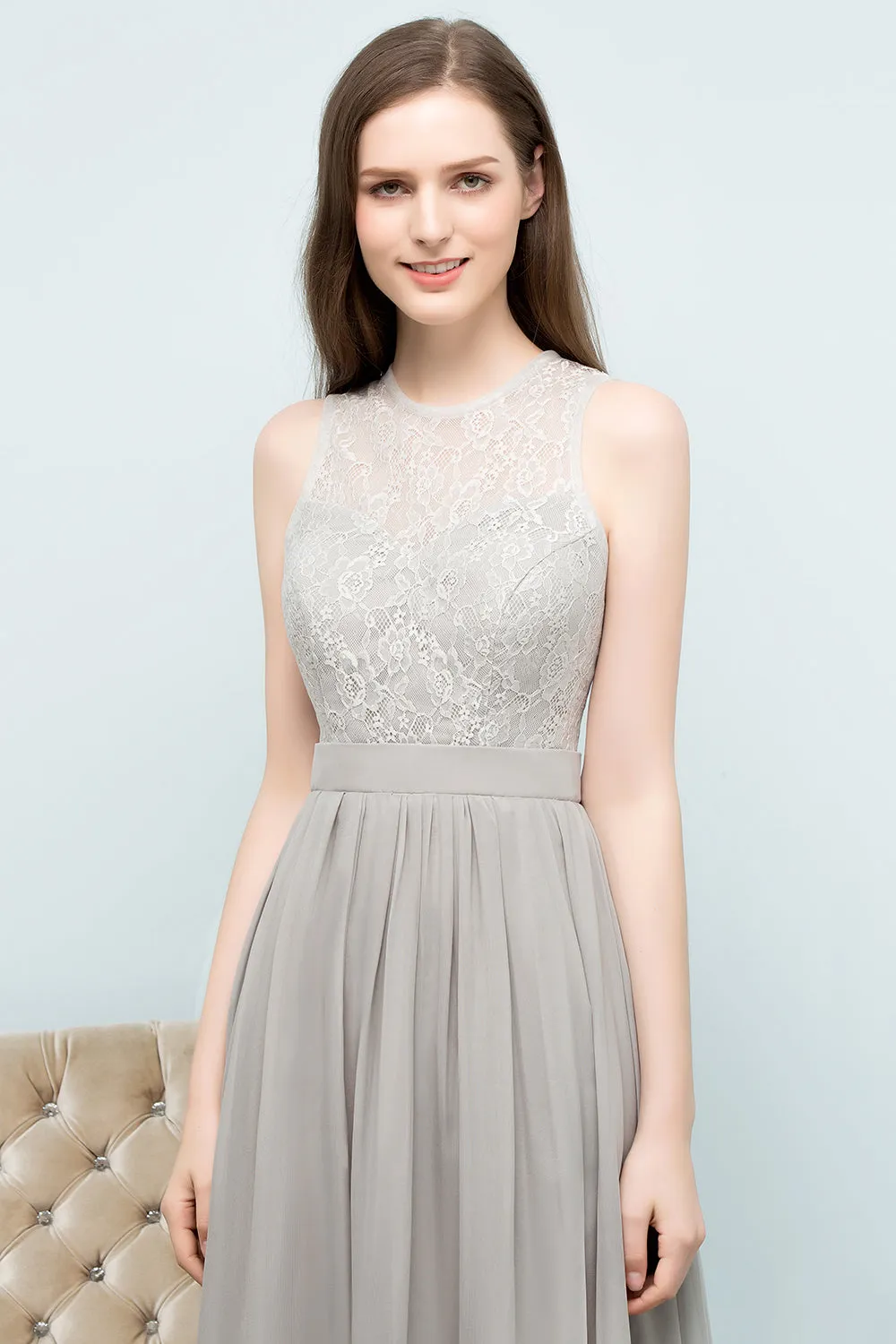 Long A-line Chiffon Lace Jewel Sleeveless Bridesmaid Dresses