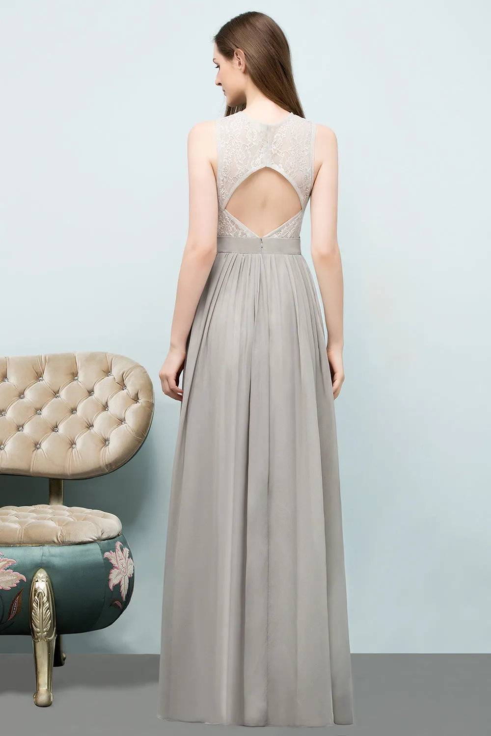 Long A-line Chiffon Lace Jewel Sleeveless Bridesmaid Dresses