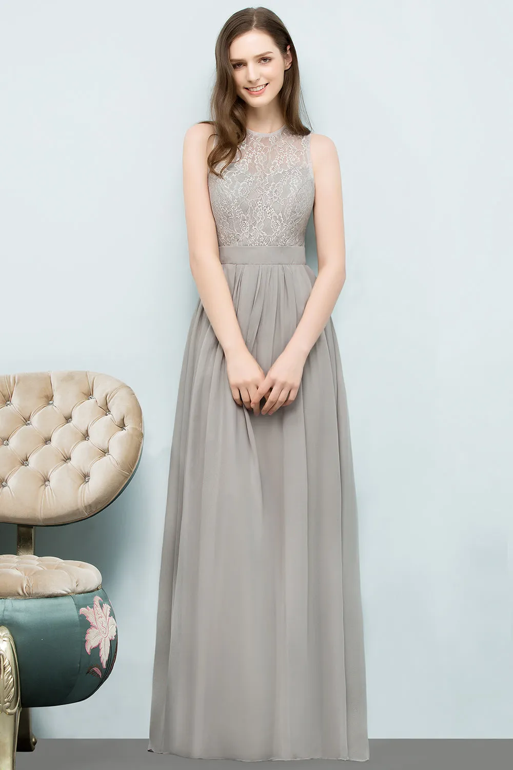 Long A-line Chiffon Lace Jewel Sleeveless Bridesmaid Dresses