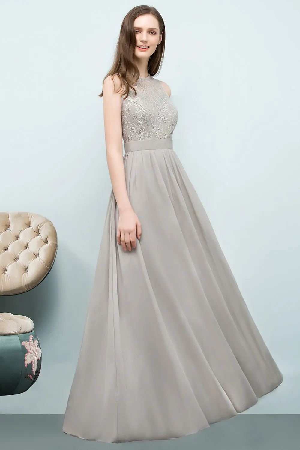 Long A-line Chiffon Lace Jewel Sleeveless Bridesmaid Dresses