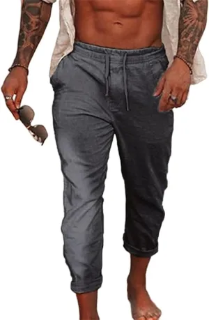 Men's Cotton Linen Pants Lightweight Black Dress Pants Cargo Pants Casual Yoga Trousers with Drawstrings