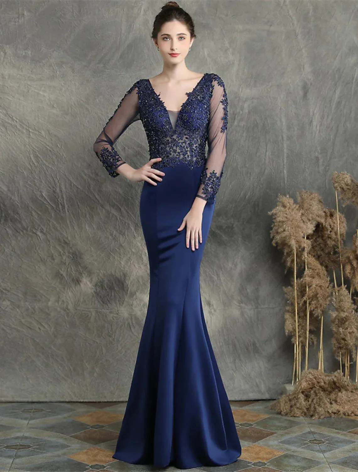 Mermaid / Trumpet Prom Dresses Elegant Dress Formal Sweep / Brush Train Long Sleeve V Neck Cotton Blend with Beading Appliques