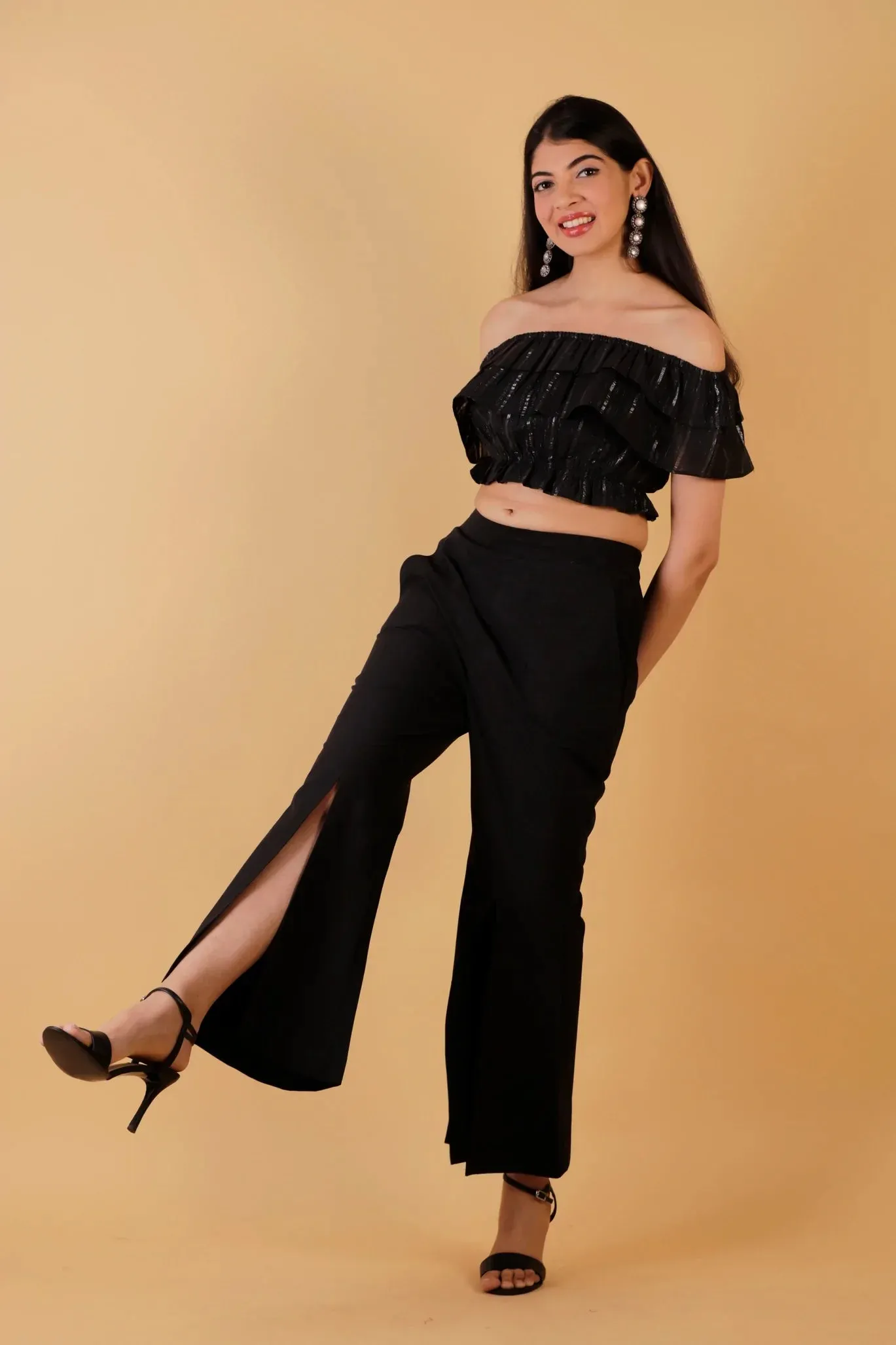 Off Shoulder Lurex Crop Top - Slit Pant Set