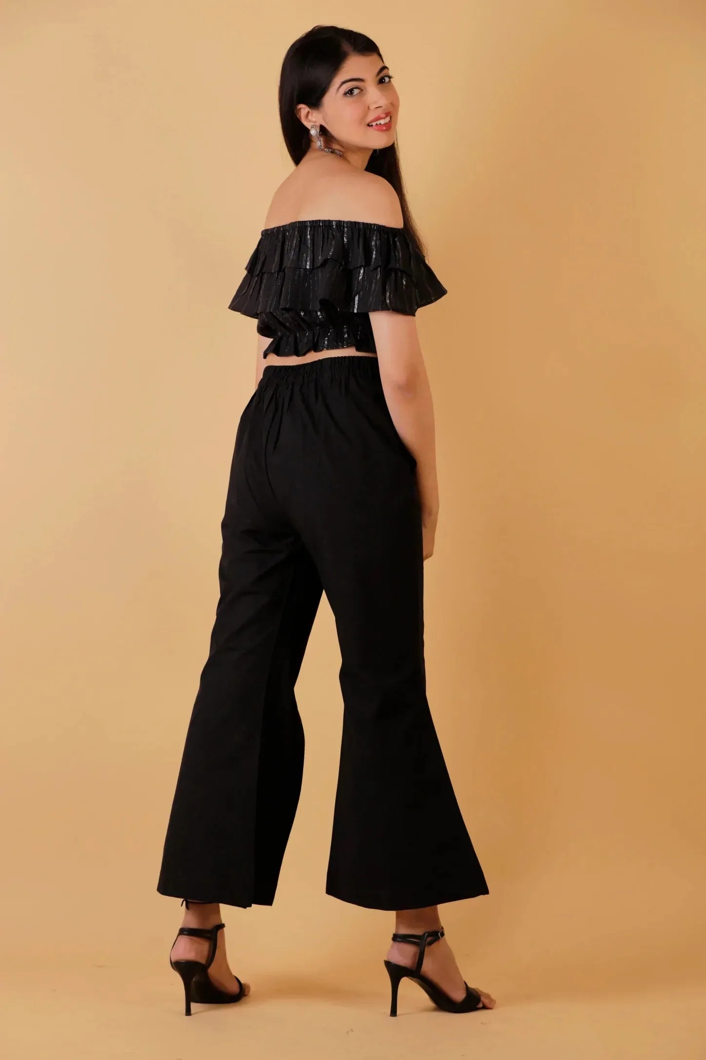 Off Shoulder Lurex Crop Top - Slit Pant Set