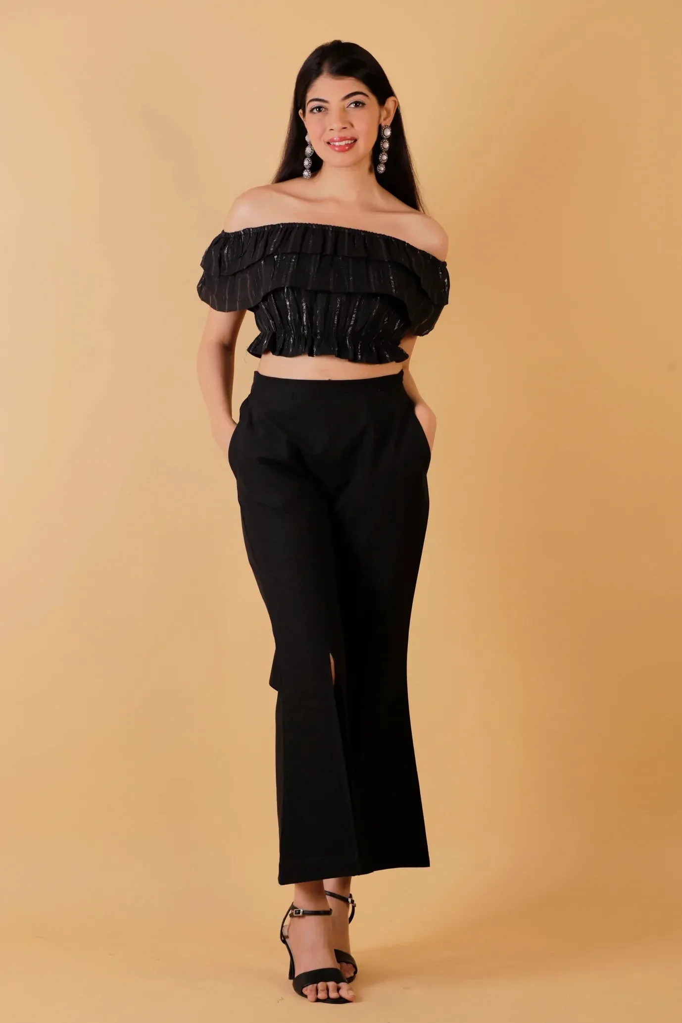 Off Shoulder Lurex Crop Top - Slit Pant Set