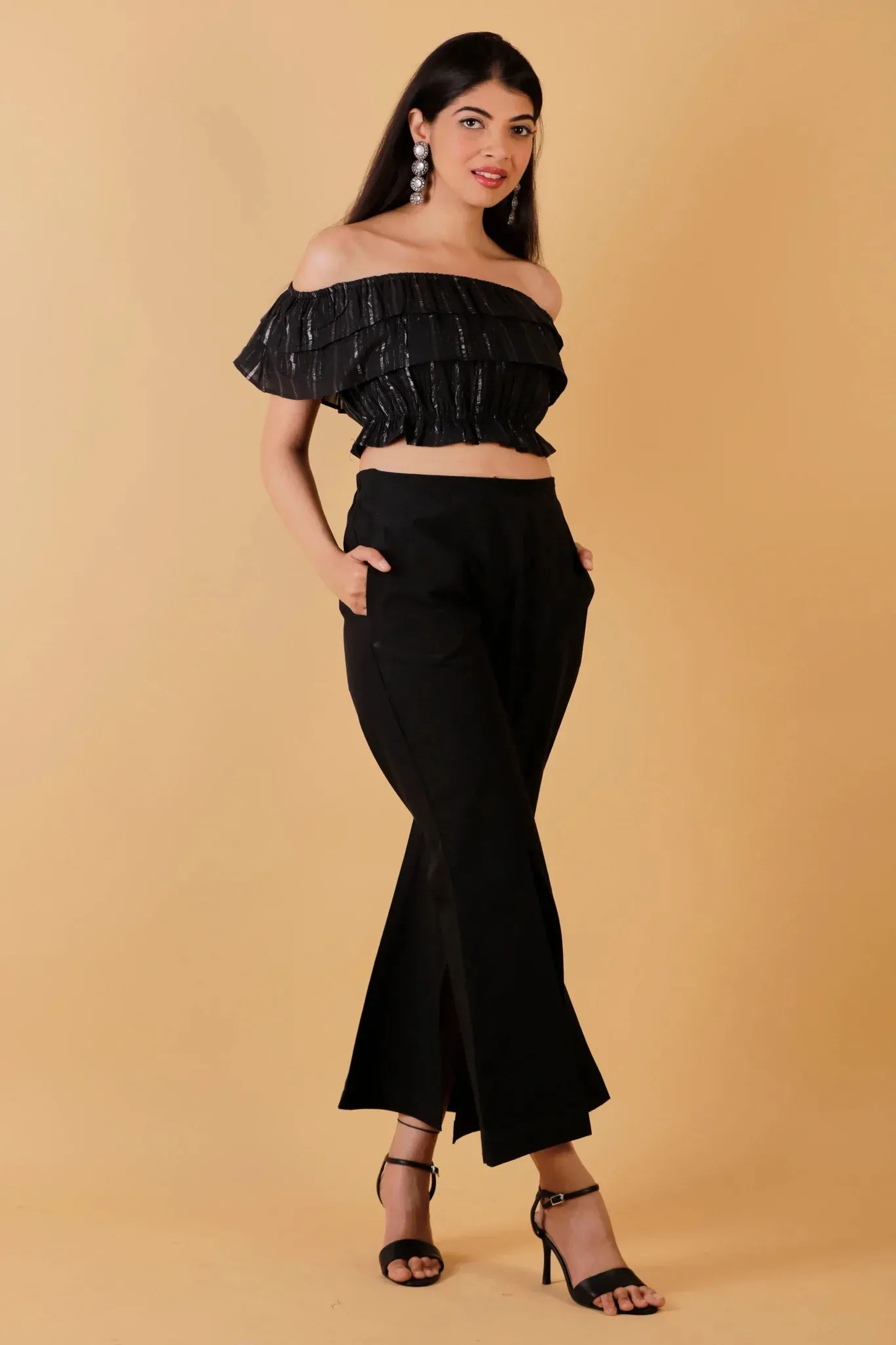 Off Shoulder Lurex Crop Top - Slit Pant Set