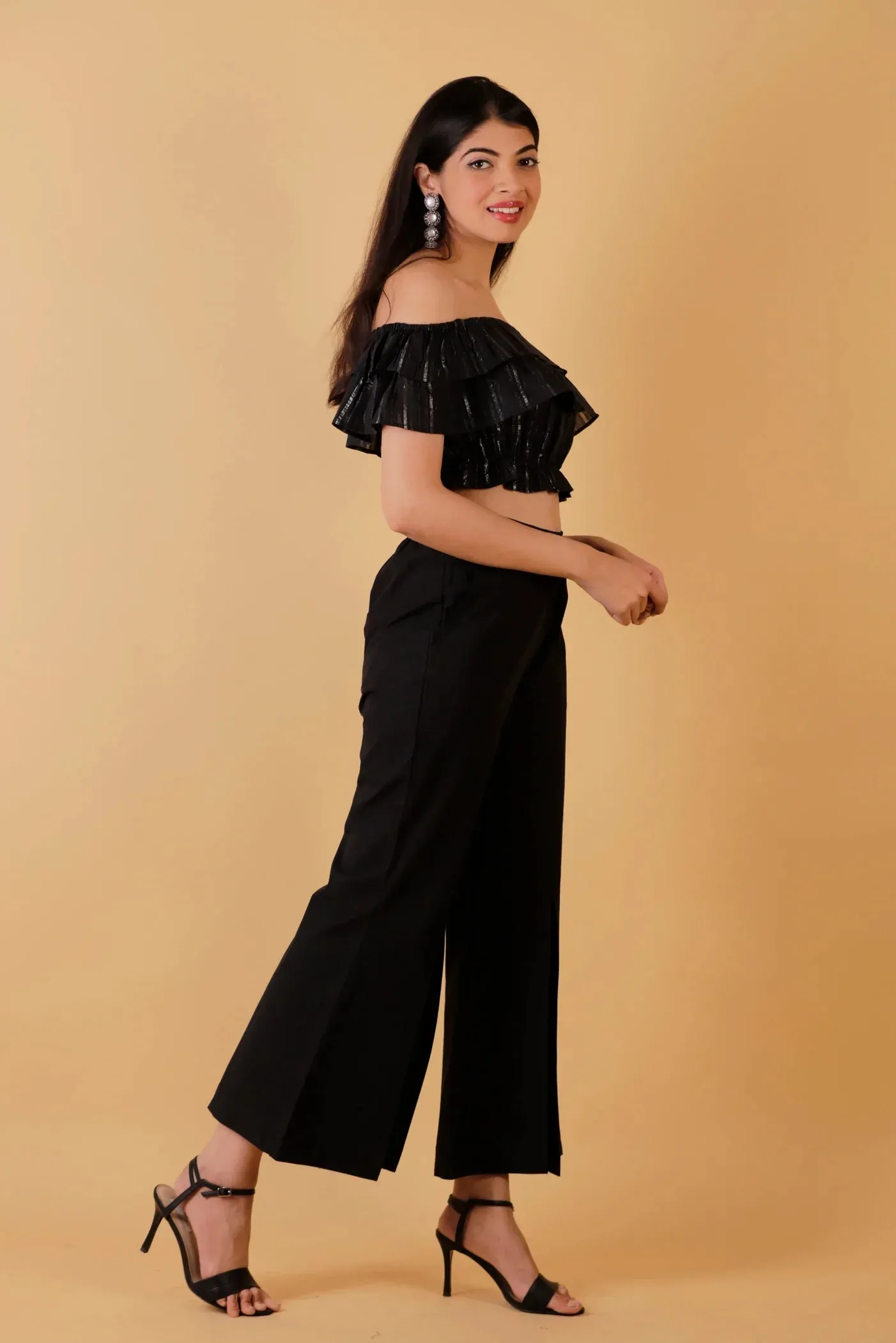 Off Shoulder Lurex Crop Top - Slit Pant Set