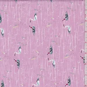 Pink Crane Pond Print Cotton Fabric