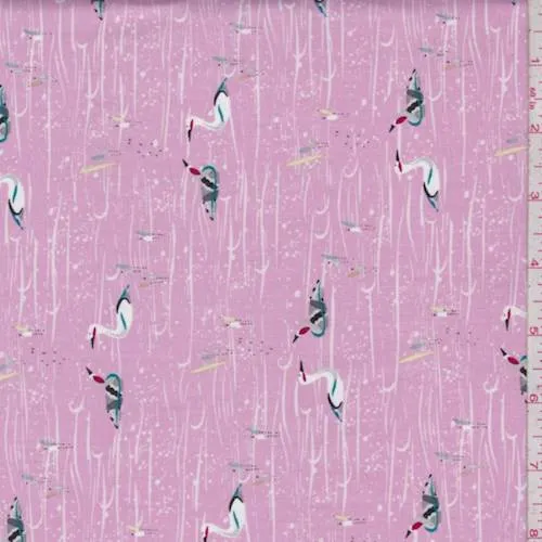 Pink Crane Pond Print Cotton Fabric