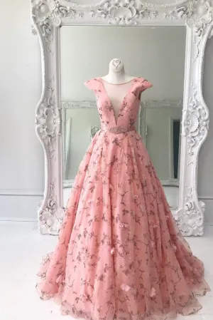 Princess A Line Floral Pink Cap Sleeves Long Prom Dress PFP1402