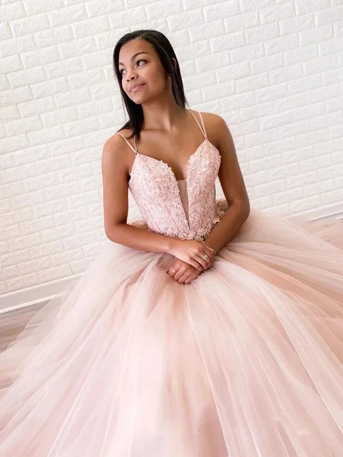Promfast A-line Spaghetti Straps Lace Appliques Long Prom Dresses Tulle Evening Dress PFP1792