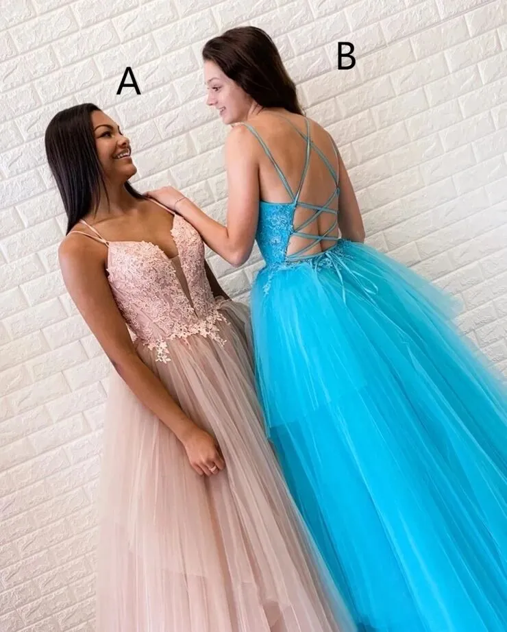 Promfast A-line Spaghetti Straps Lace Appliques Long Prom Dresses Tulle Evening Dress PFP1792