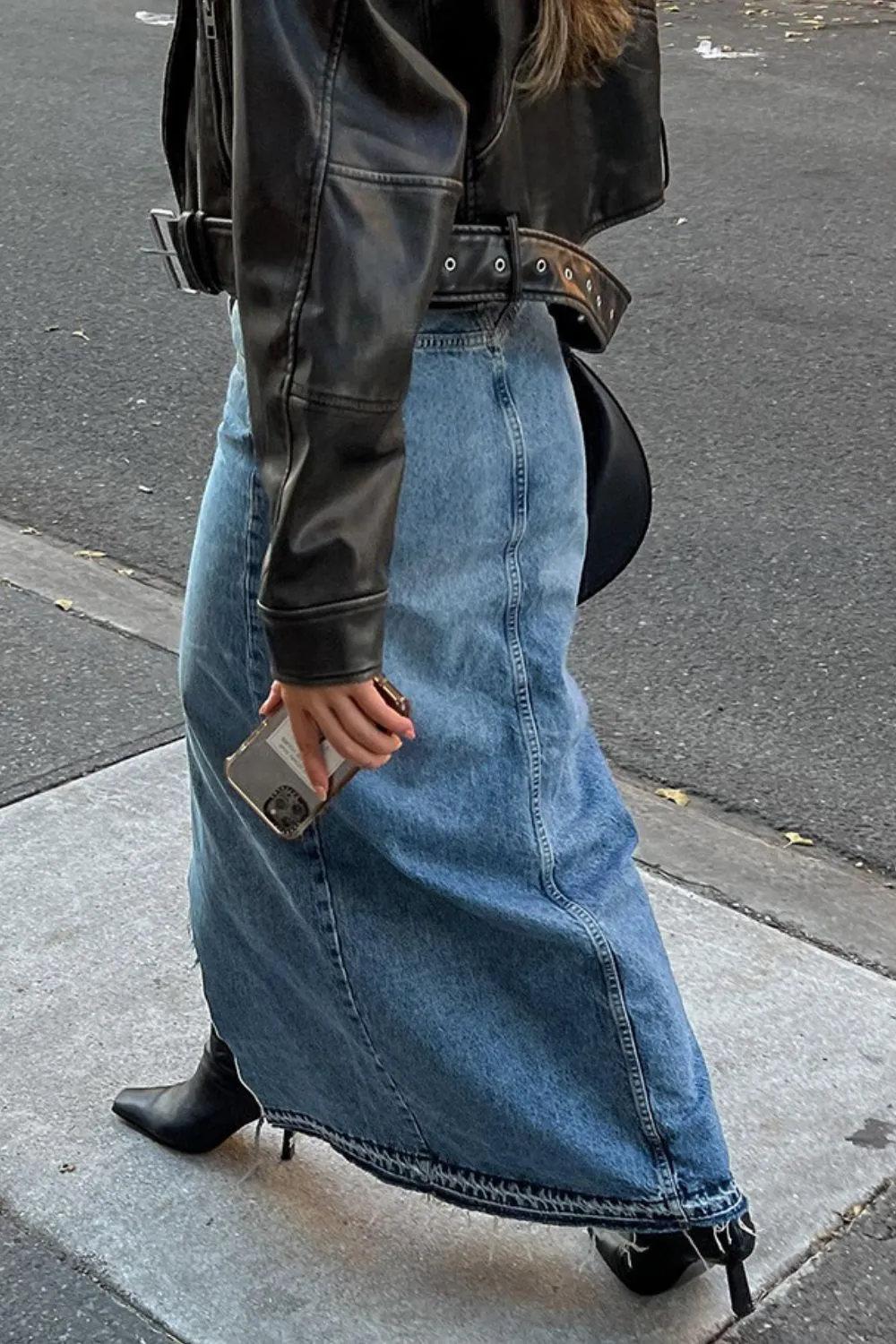 Slit Front Raw Hem Denim Maxi Skirt