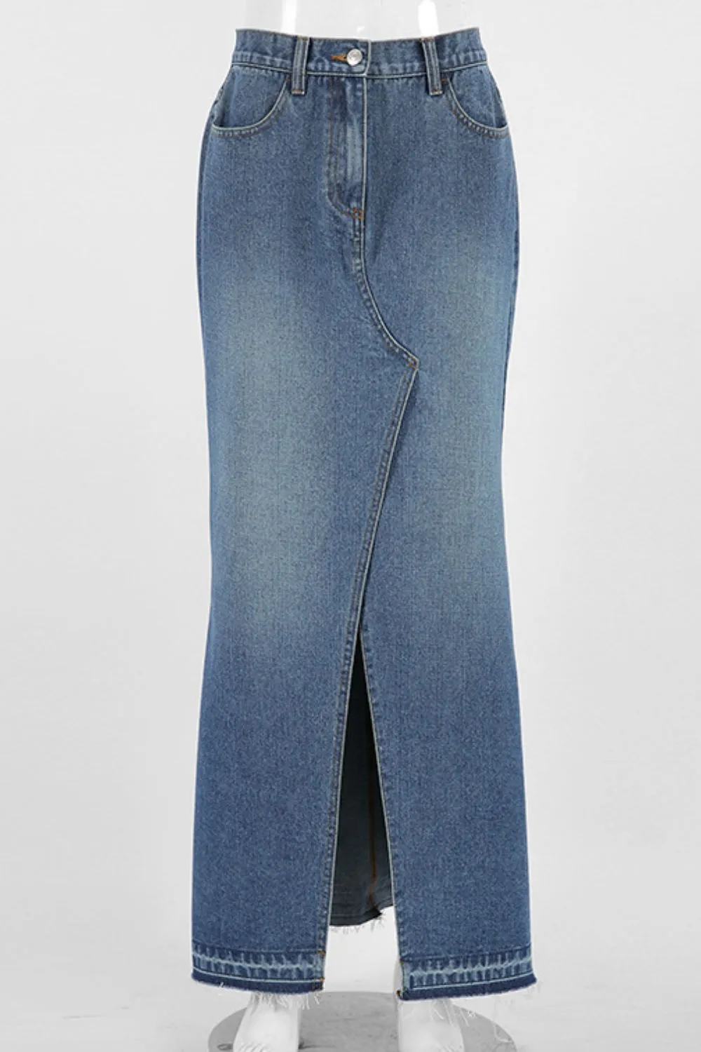 Slit Front Raw Hem Denim Maxi Skirt