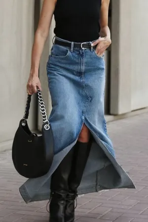 Slit Front Raw Hem Denim Maxi Skirt