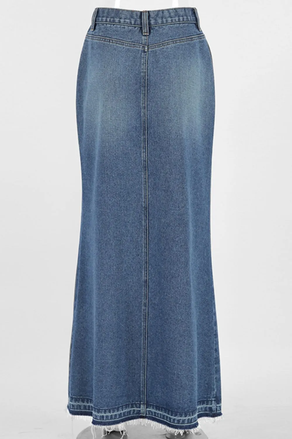 Slit Front Raw Hem Denim Maxi Skirt