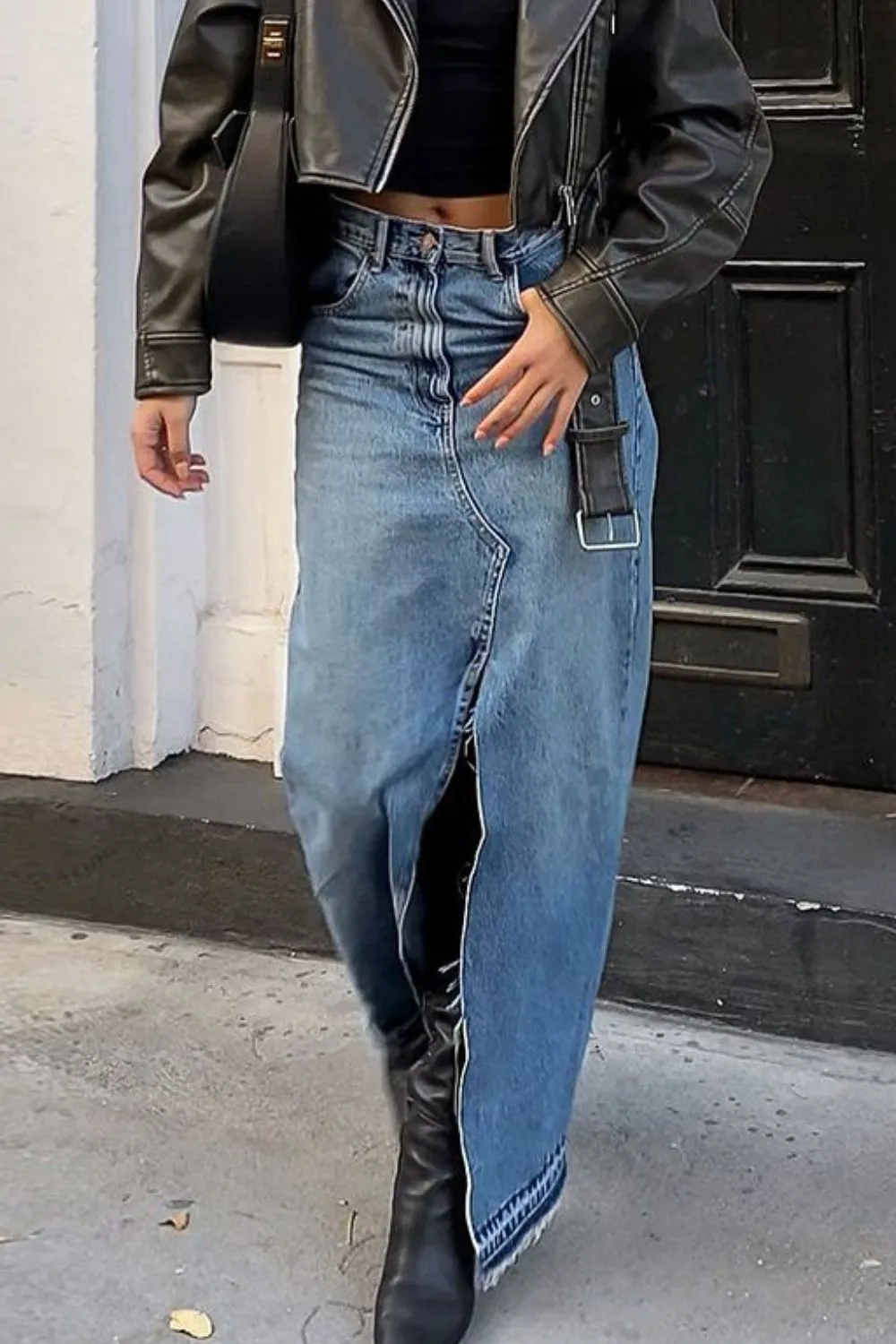 Slit Front Raw Hem Denim Maxi Skirt