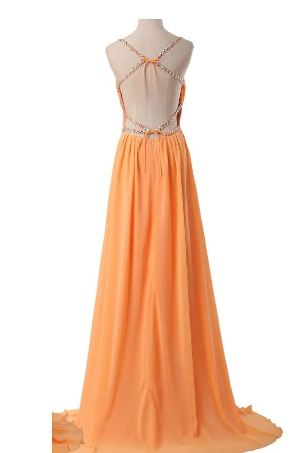 Spaghetti Straps Simple Modest Orange Backless Cheap Prom Dresses For Teens PFP1248