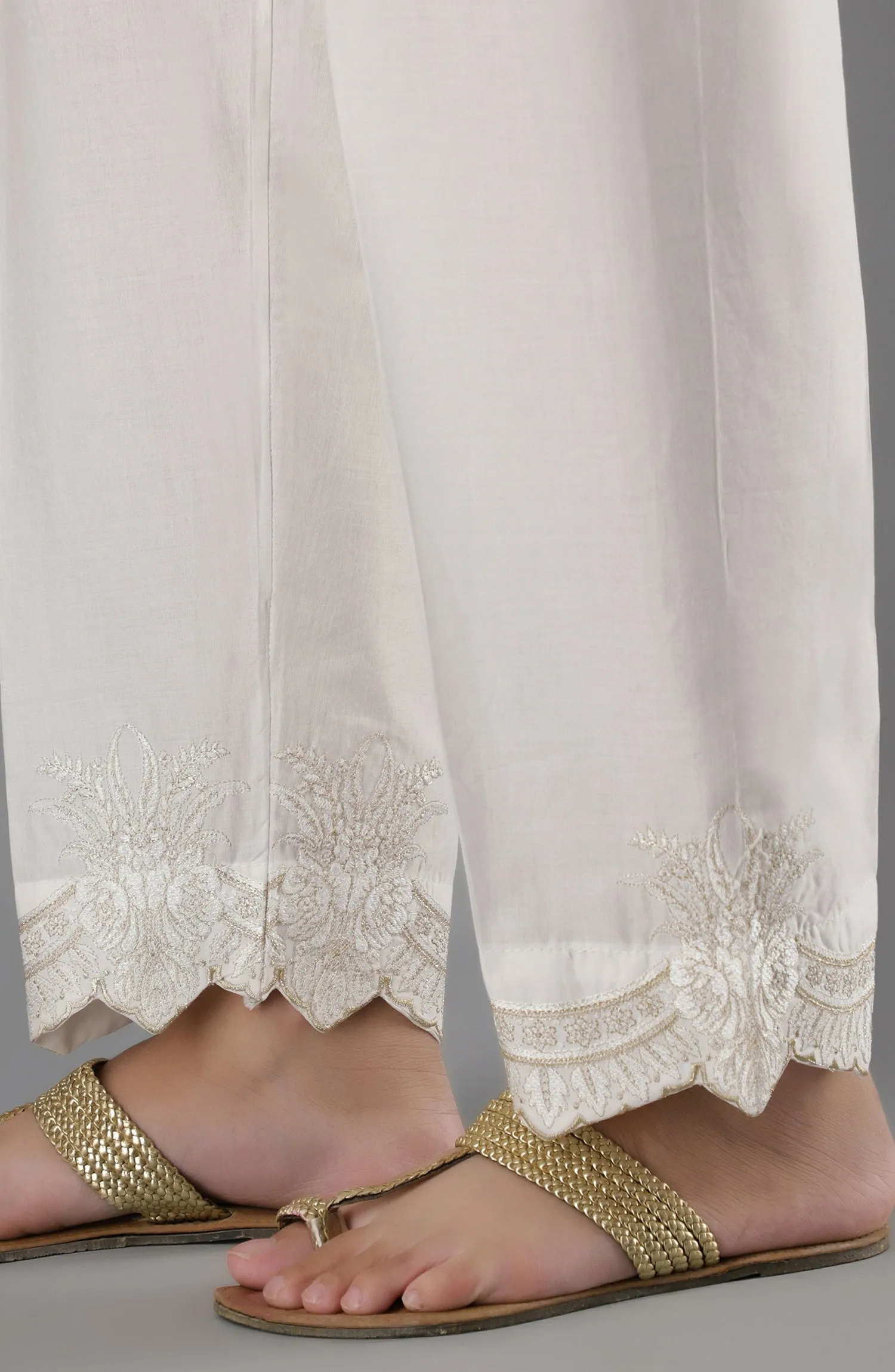 Stitched Bottoms 1 Piece Embroidered Cambric Pants (NRPE-63/S WHITE)