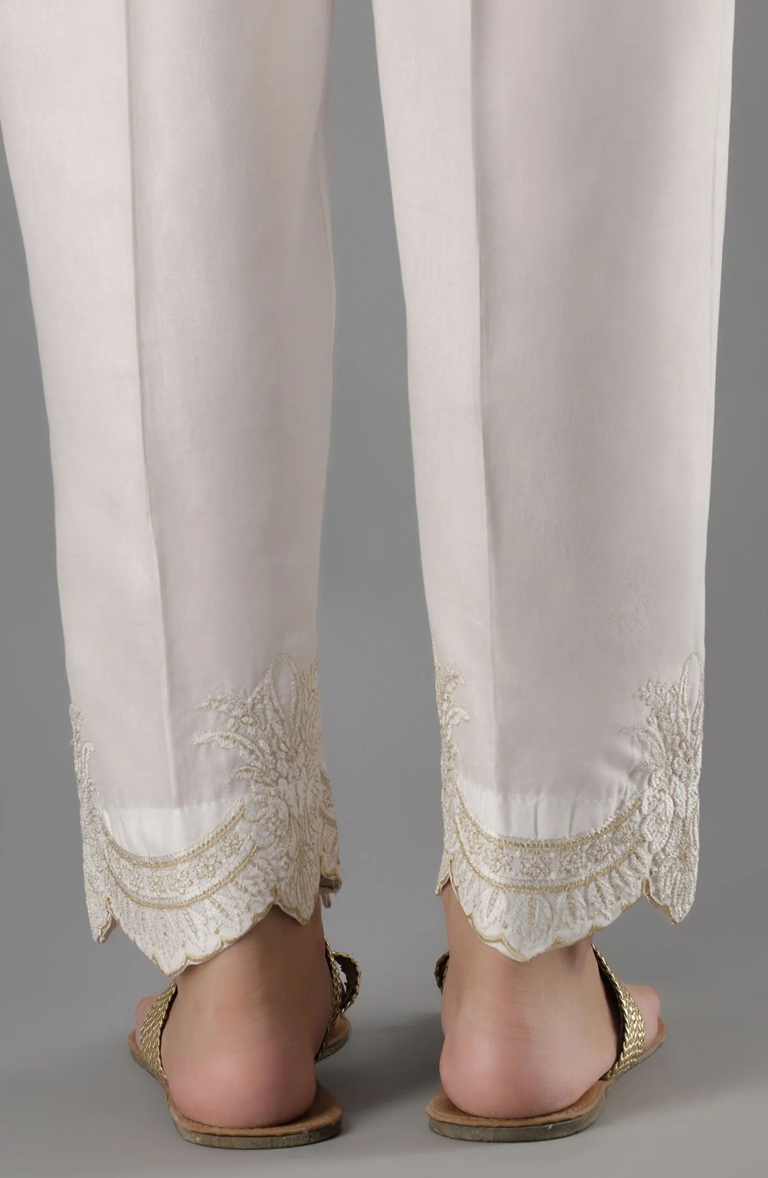 Stitched Bottoms 1 Piece Embroidered Cambric Pants (NRPE-63/S WHITE)