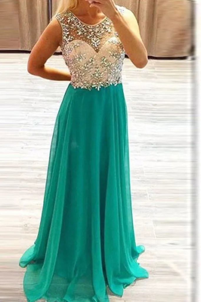 Teal Long Chiffon Beading Cap Sleeves Elegant Prom Dresses PFP1206