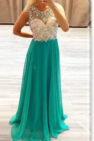 Teal Long Chiffon Beading Cap Sleeves Elegant Prom Dresses PFP1206