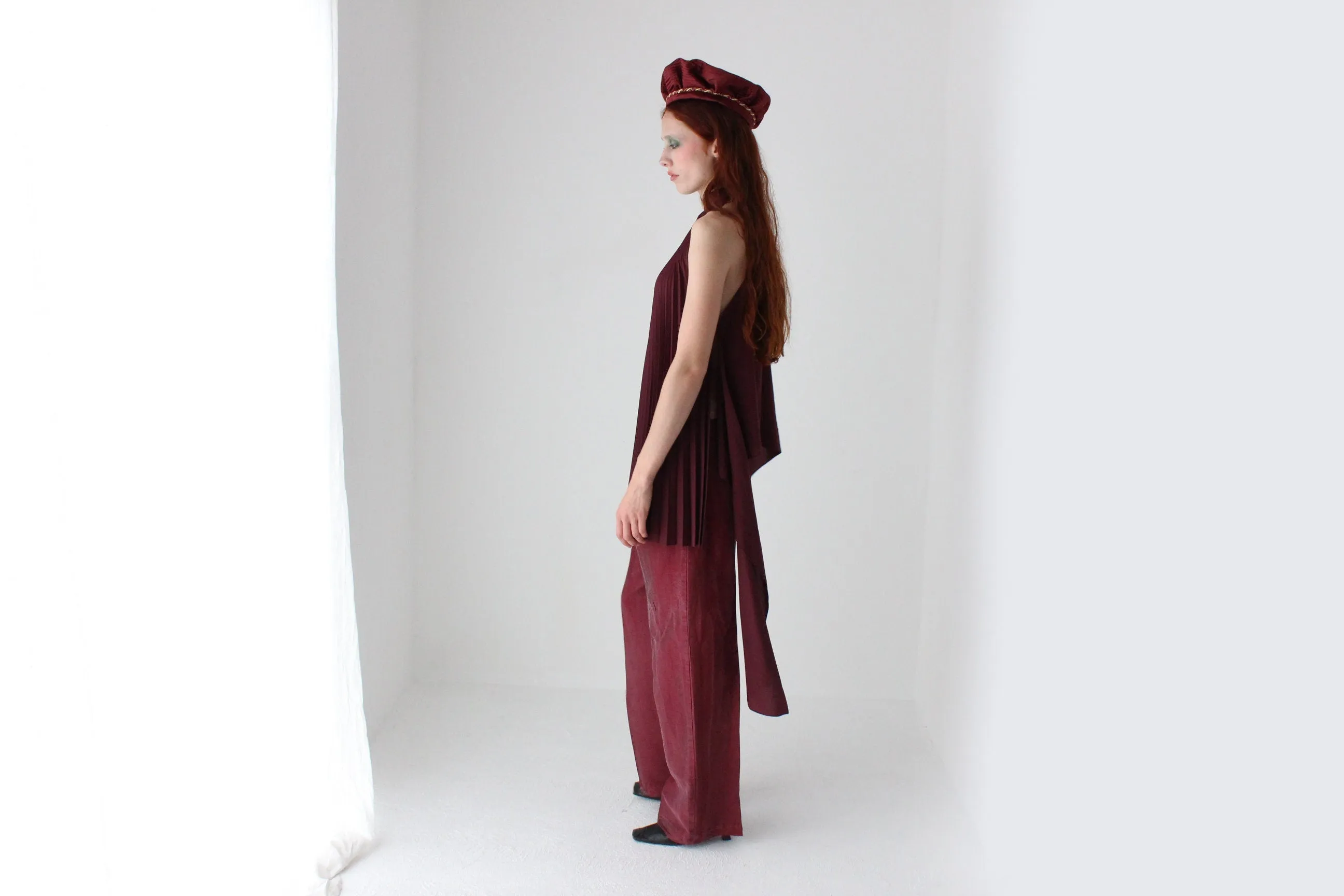 Textured 90s Raw Silk Burgundy Wide Leg Trousers